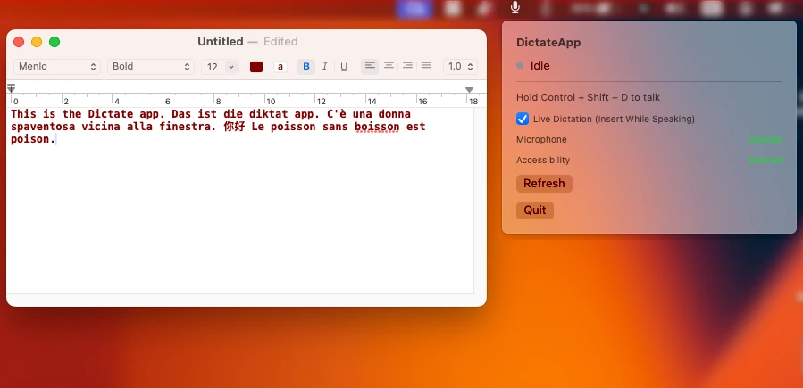DictateApp is a fast, system-wide dictation tool for macOS that keeps your voice data on your own machine.